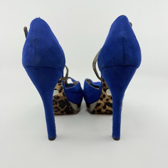 Betsey Johnson Sabine Blue Suede Heels Leopard Sole Size 7.5 Peep Toe Platform - Picture 4 of 9